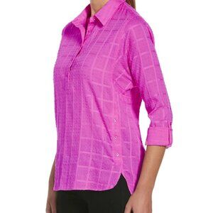 RAFAELLA Audree Window Print Dobby Long Sleeve Button-Down Tunic Top Fuchsia L